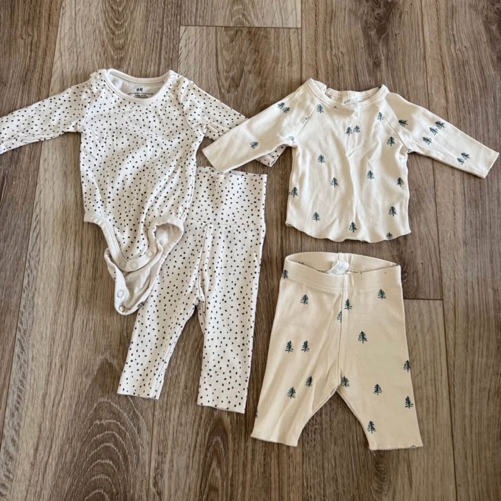 H&M bundle polka dot cream pants long sleeve shirt pine trees print newborn 0-1